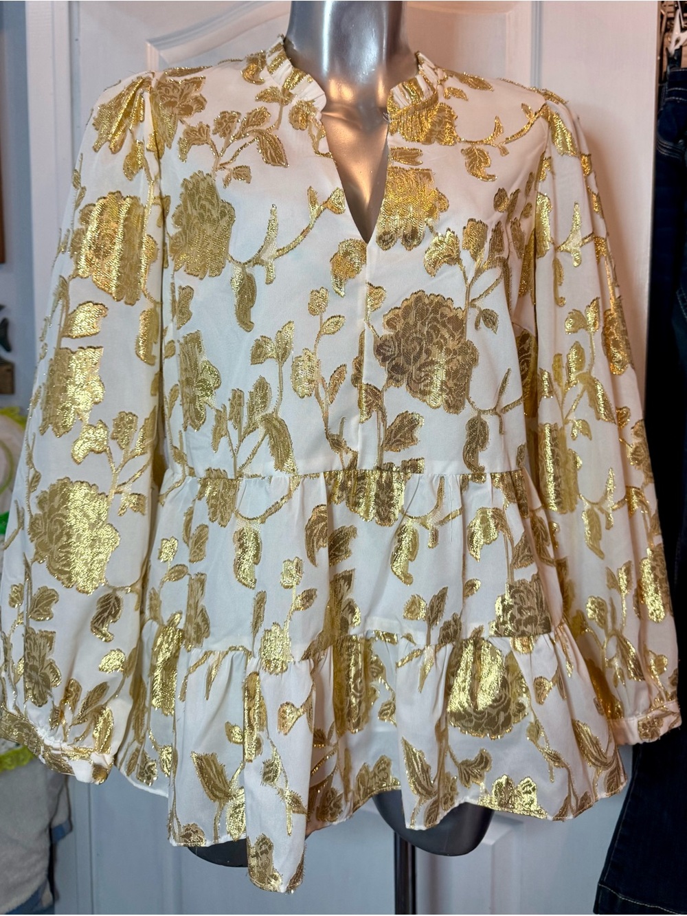 Metallic Floral Foil White Tunic with Gold Accents